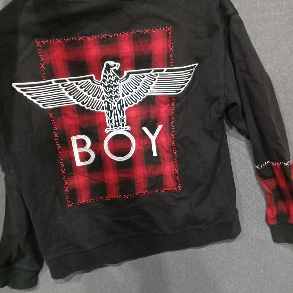 Boy London Mens Black Graphic Hoodie Eagle Red Plaid Patch Utility Pocket Size M
